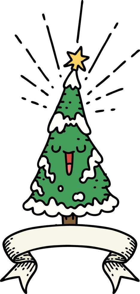 scroll banner with tattoo style happy christmas tree vector