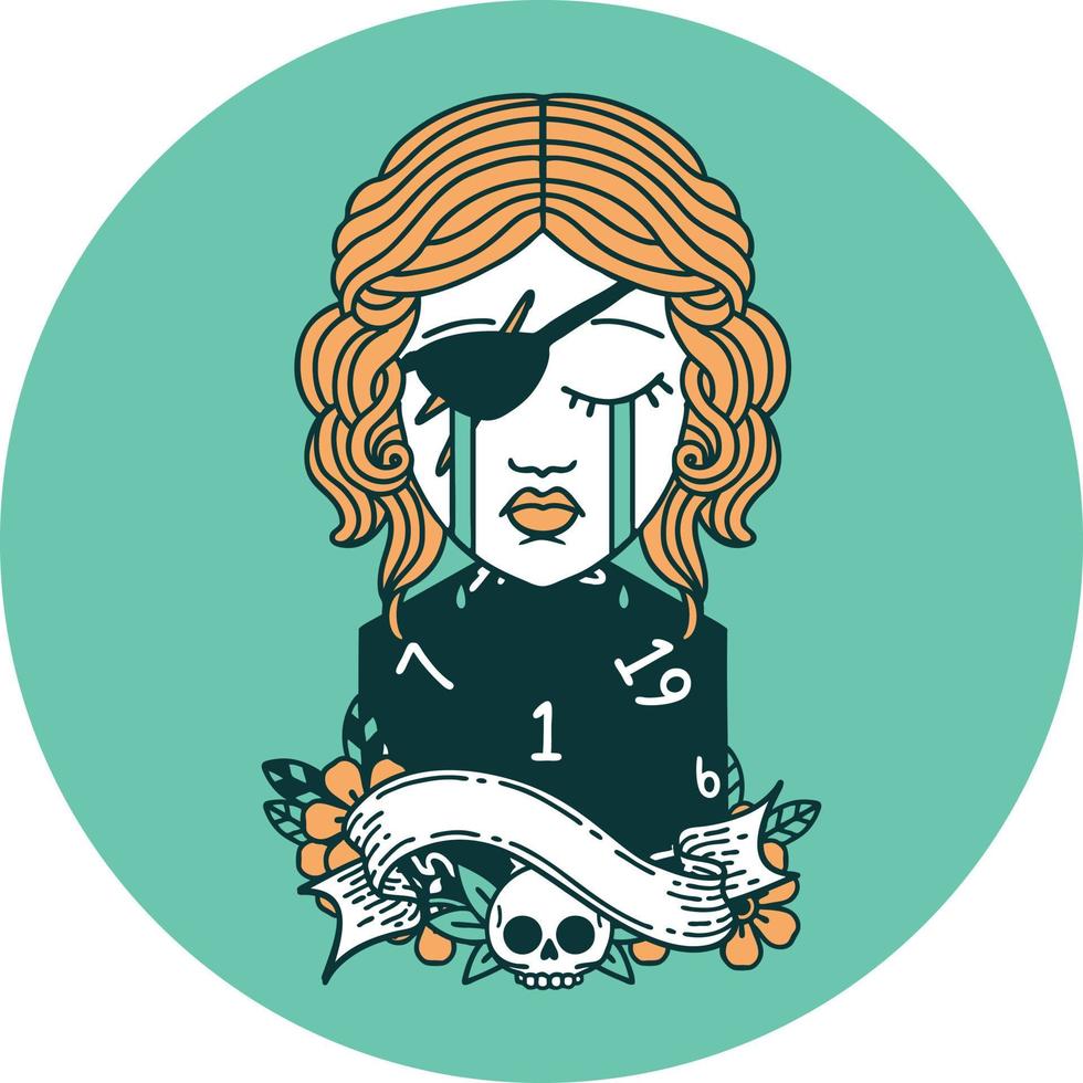 icon of crying human rogue with natural one D20 roll vector