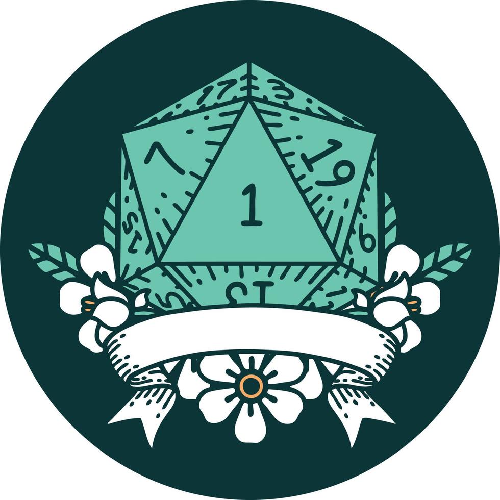 icon of natural one d20 dice roll vector