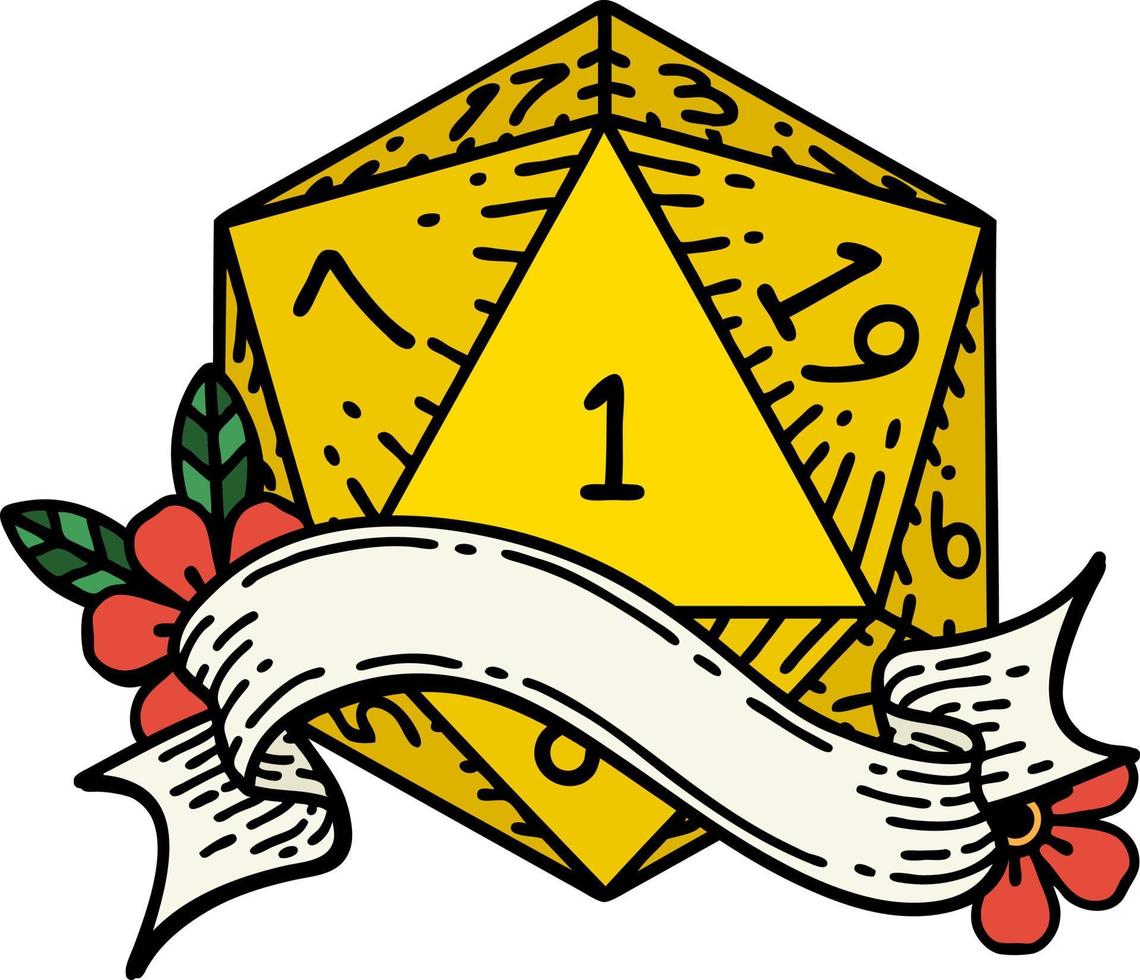 Retro Tattoo Style natural one d20 dice roll vector