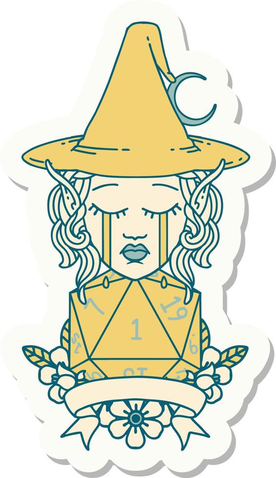 sticker of a crying elf mage character with natural one dice roll vector