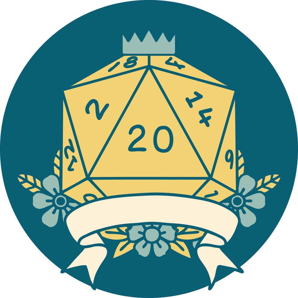 Retro Tattoo Style natural 20 critical hit D20 dice roll vector