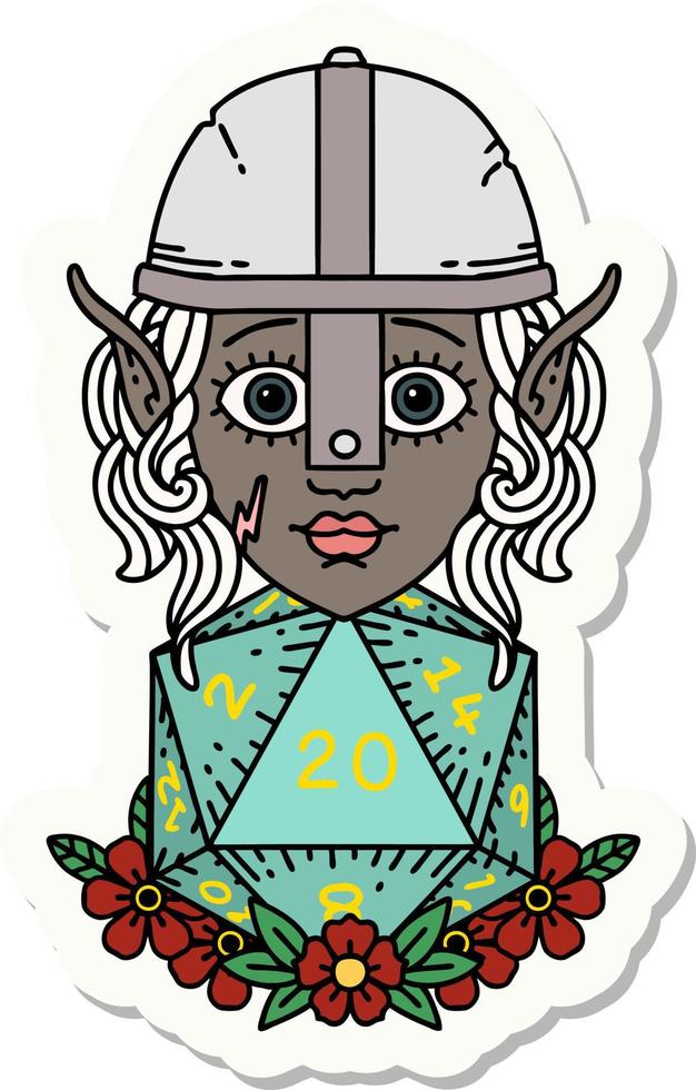 sticker of a elf fighter with natural twenty dice roll vector
