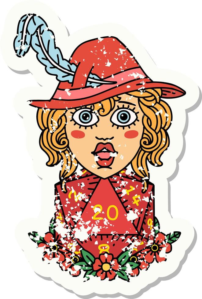 grunge sticker of a human bard with natural 20 dice roll vector