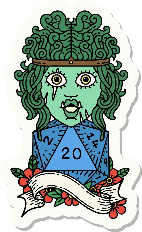 sticker of a half orc barbarian with natural twenty dice roll vector