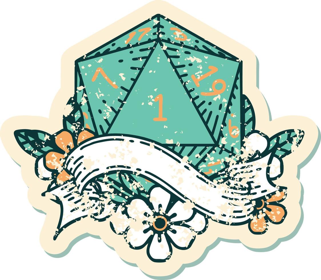 Retro Tattoo Style natural one d20 dice roll vector