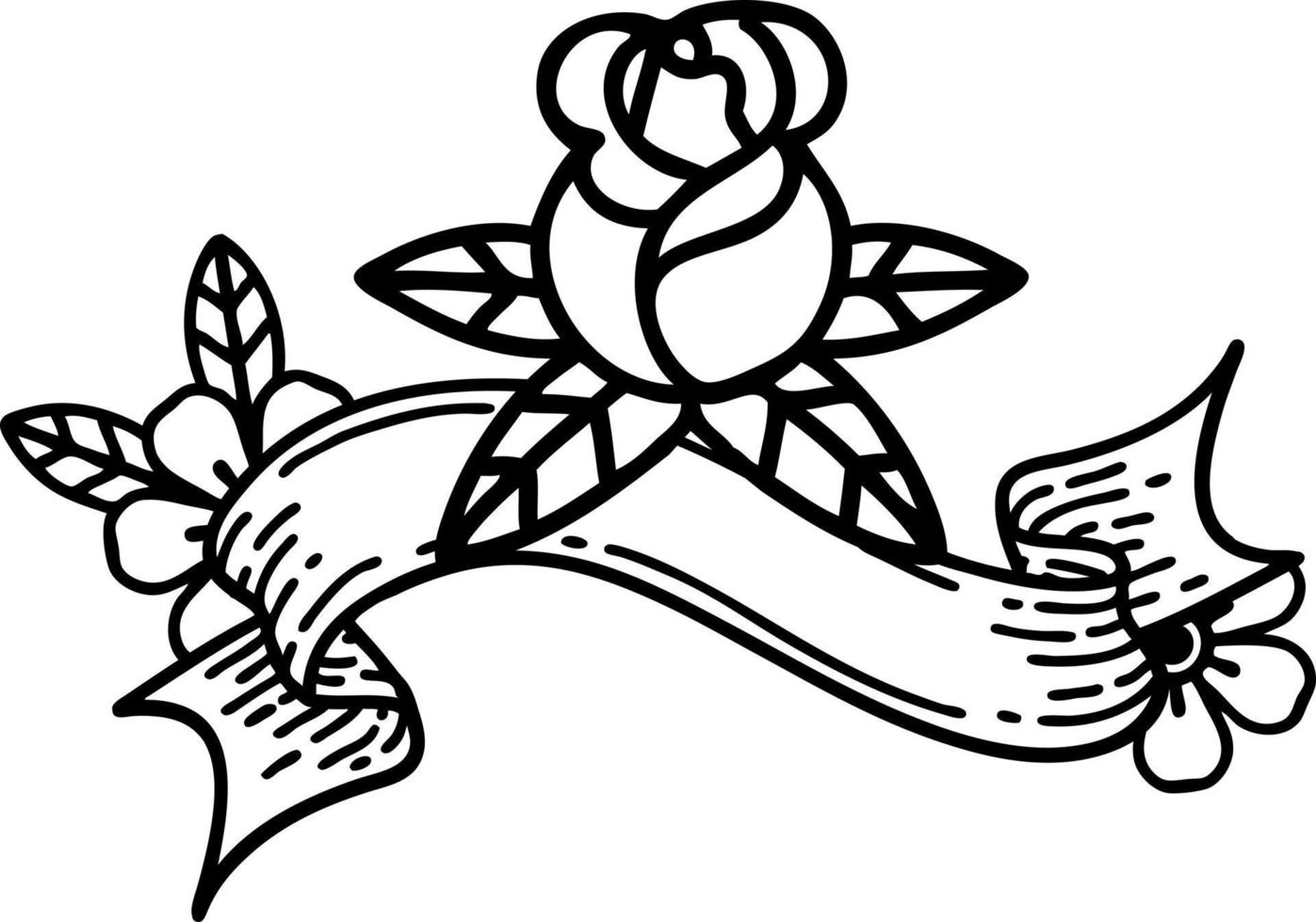 traditional black linework tattoo with banner of a single rose vector
