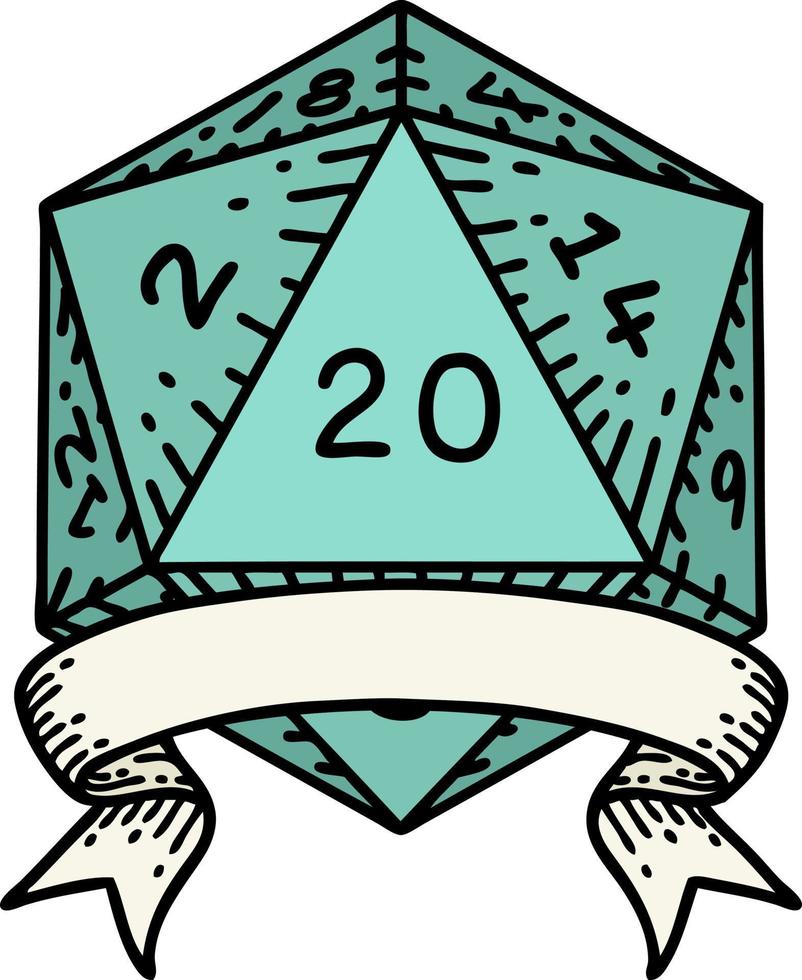 estilo de tatuaje retro natural 20 golpe crítico d20 tirada de dados vector