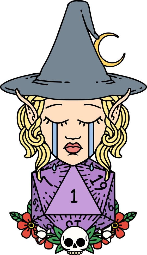 Retro Tattoo Style crying elf witch with natural one D20 roll vector