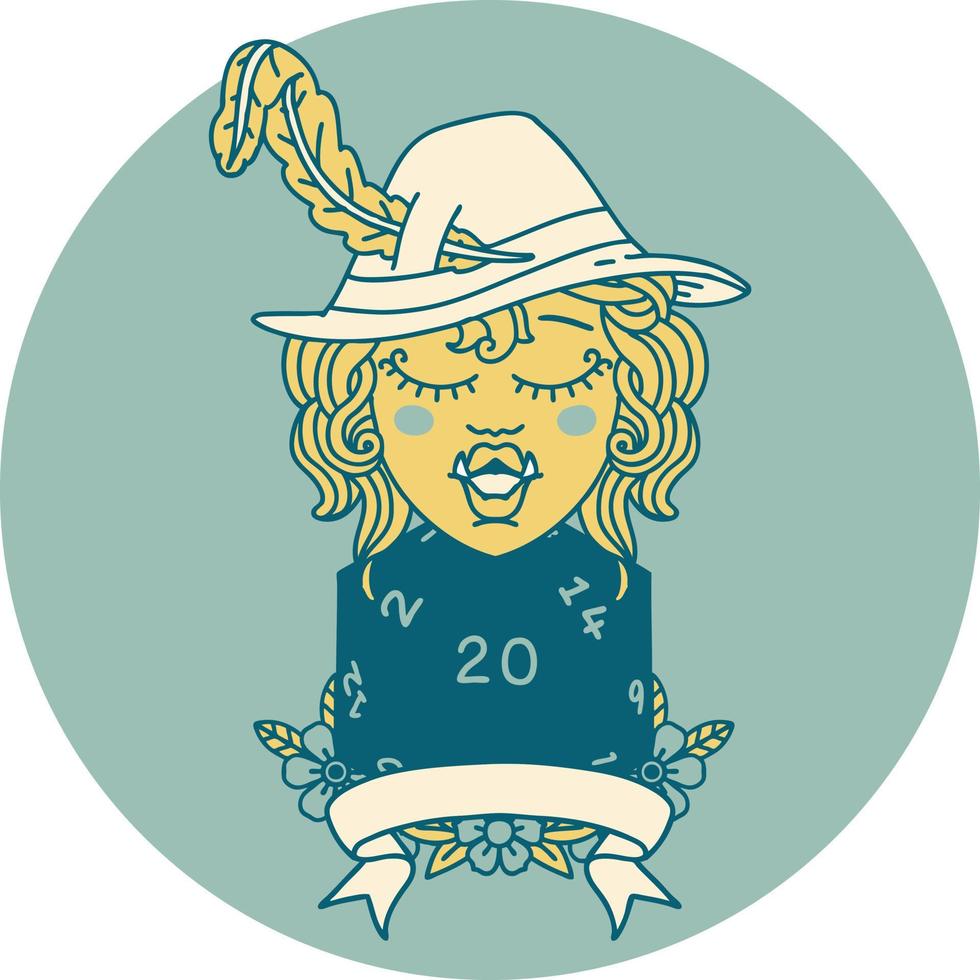 Retro Tattoo Style half orc bard with natural 20 dice roll vector