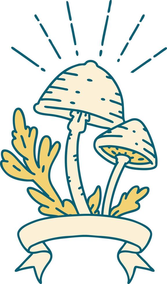 scroll banner with tattoo style mushrooms vector