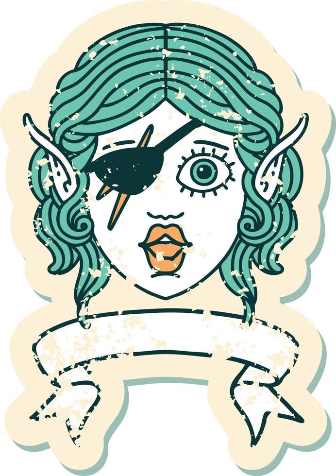 Retro Tattoo Style elf rogue character face with banner vector