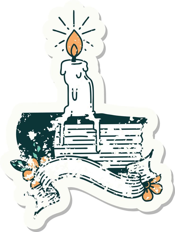 worn old sticker of a tattoo style candle melting on book vector