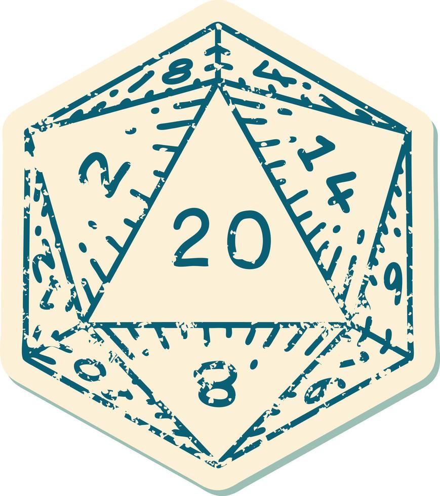 Retro Tattoo Style natural 20 D20 dice roll vector