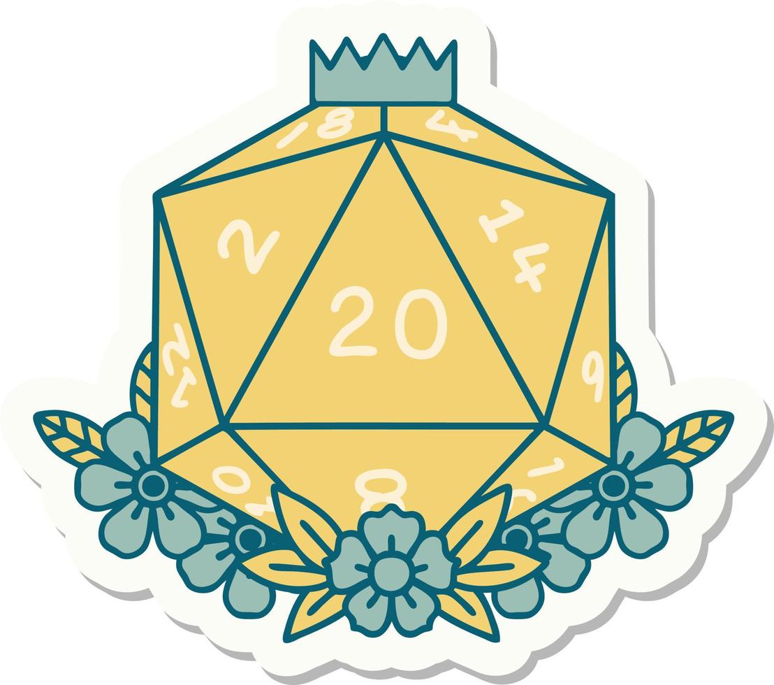 sticker of a natural 20 D20 dice roll with floral elements vector