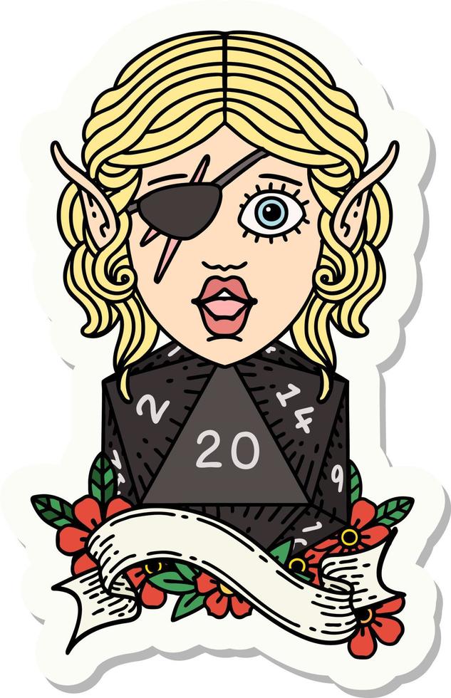 sticker of a elf rogue with natural twenty dice roll vector