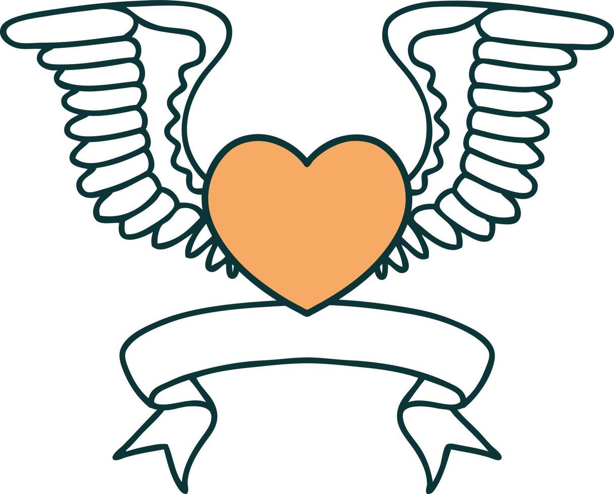 traditional tattoo with banner of a heart with wings vector