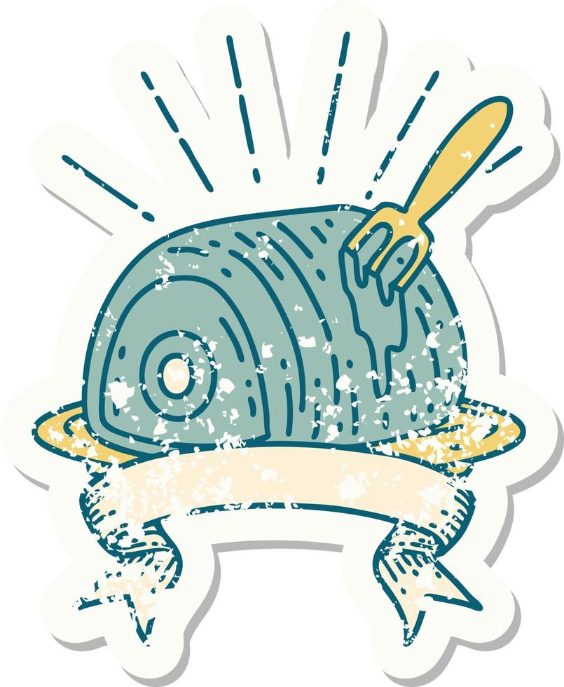 worn old sticker of a tattoo style roast beef vector
