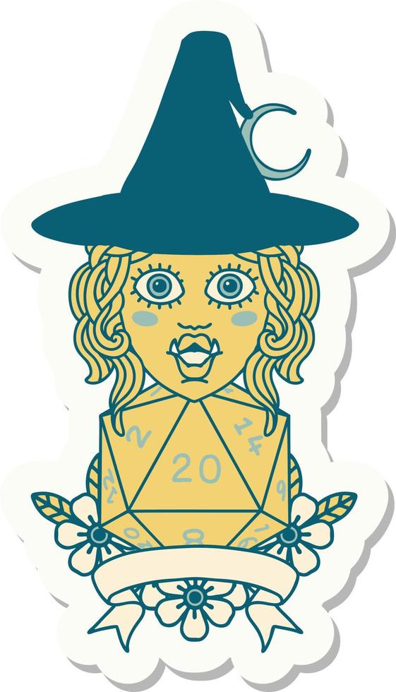 sticker of a half orc witch character with natural 20 dice roll vector