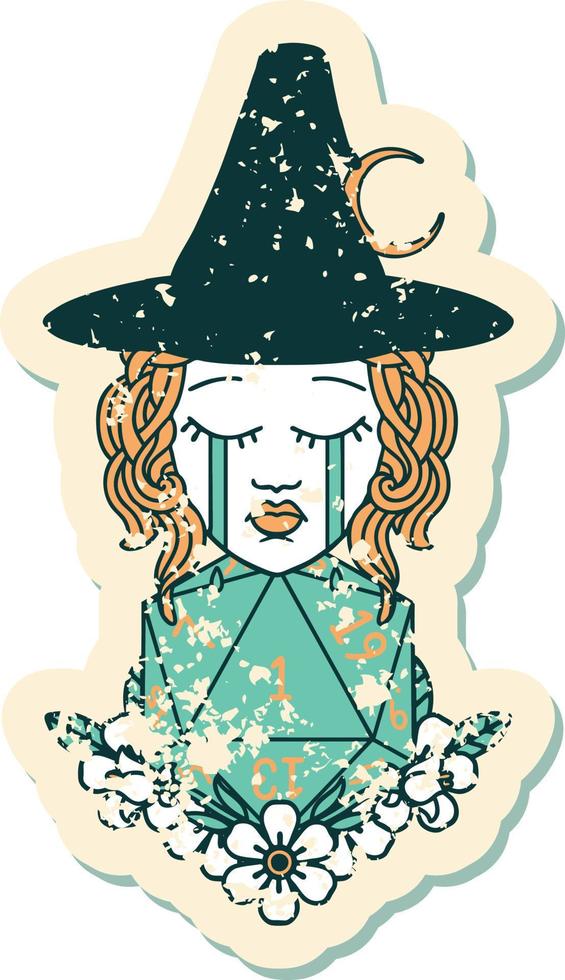 grunge sticker of a crying human witch with natural one D20 dice roll vector
