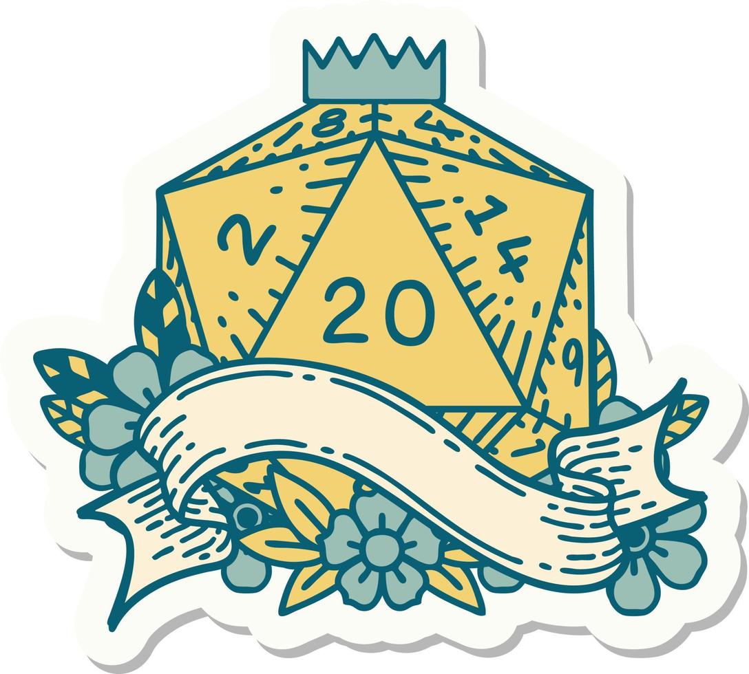 sticker of a natural twenty D20 dice roll vector