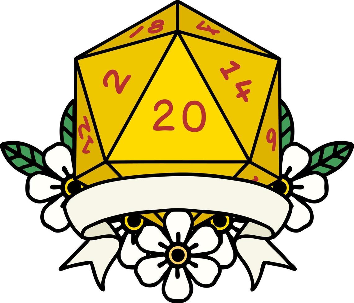 Retro Tattoo Style natural 20 critical hit D20 dice roll vector