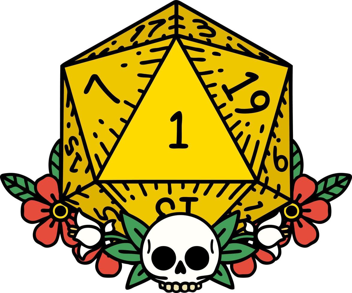 Retro Tattoo Style natural one dice roll with floral elements vector
