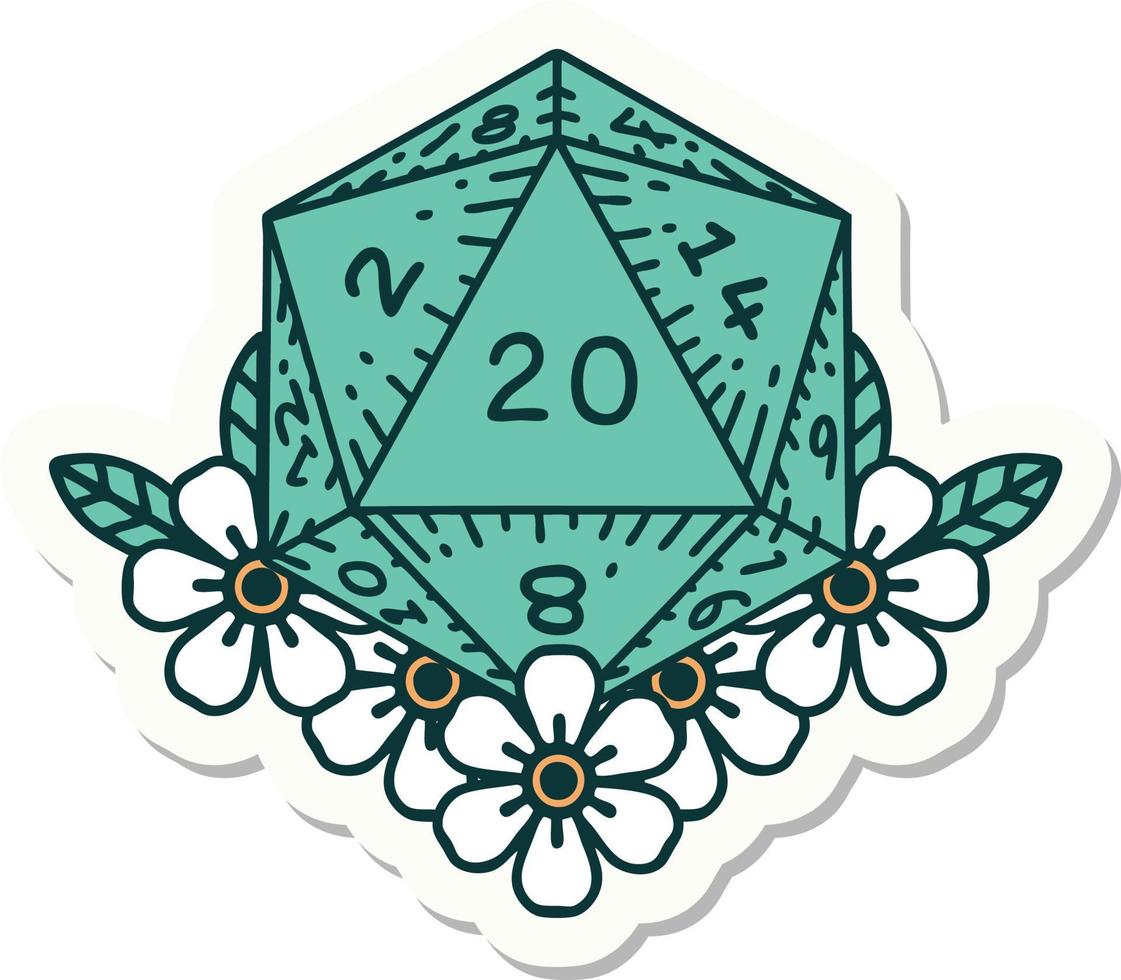 sticker of a natural 20 D20 dice roll with floral elements vector