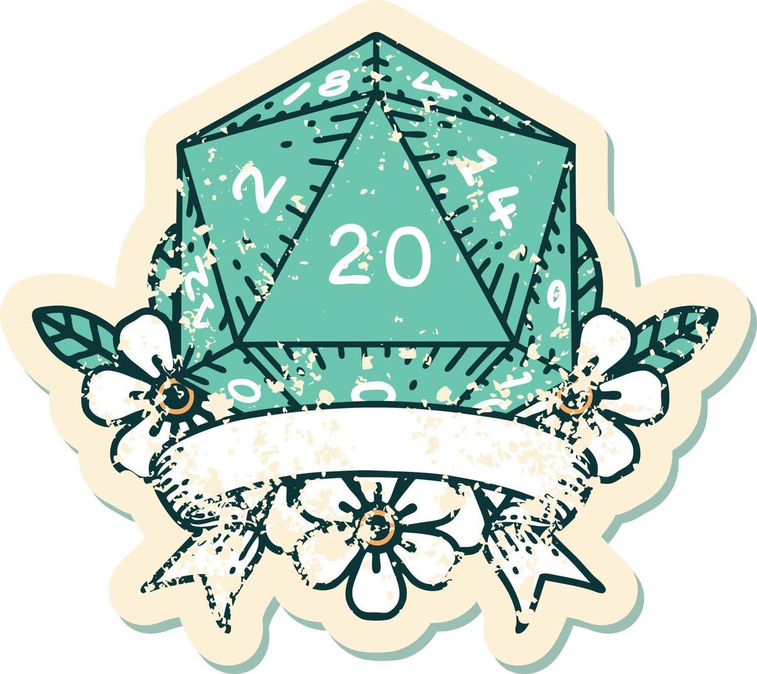 Retro Tattoo Style natural 20 critical hit D20 dice roll vector