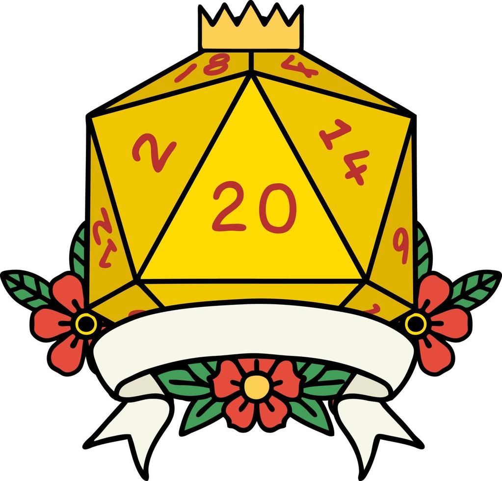 Retro Tattoo Style natural 20 critical hit D20 dice roll vector