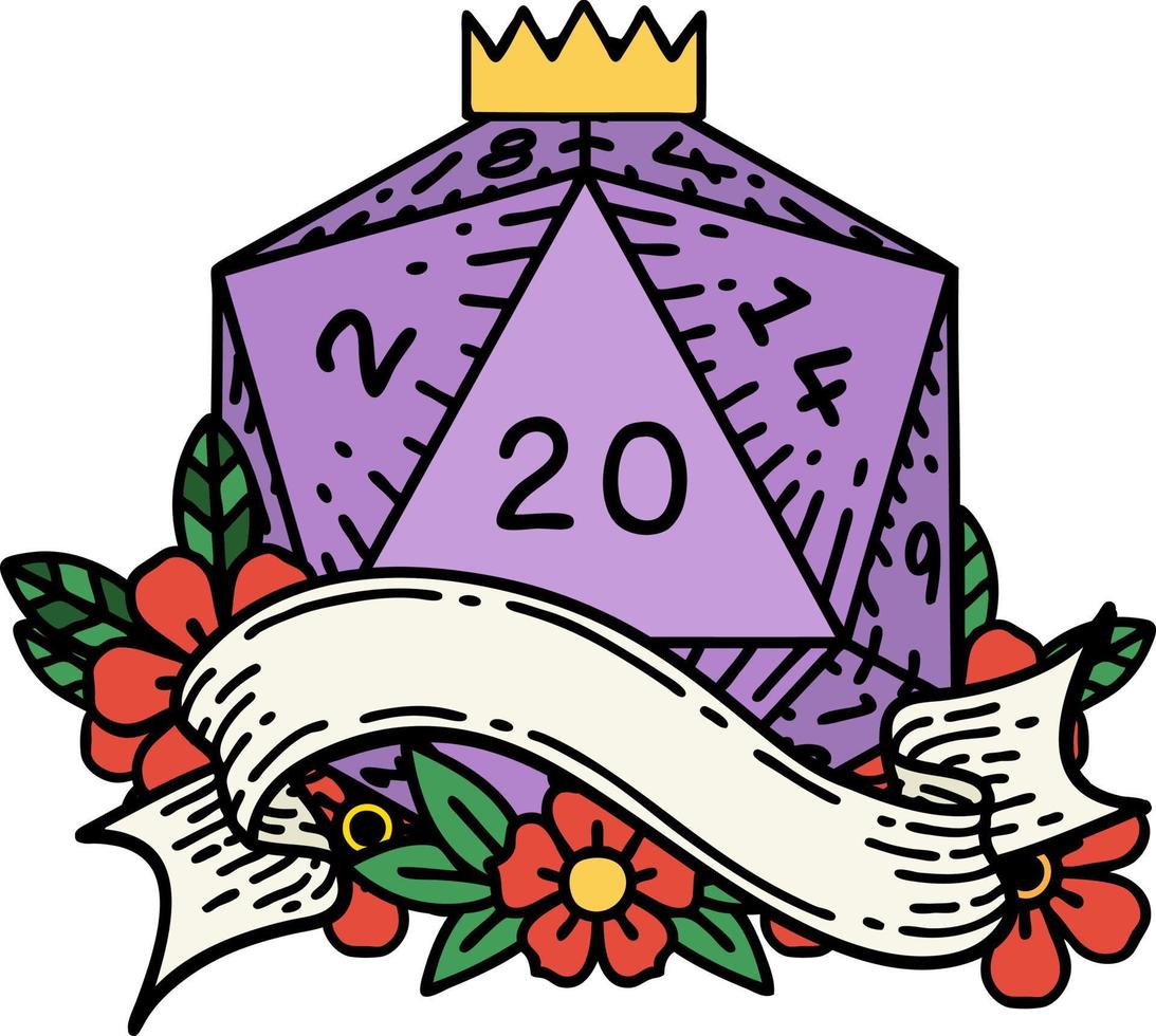 Retro Tattoo Style natural twenty D20 dice roll vector