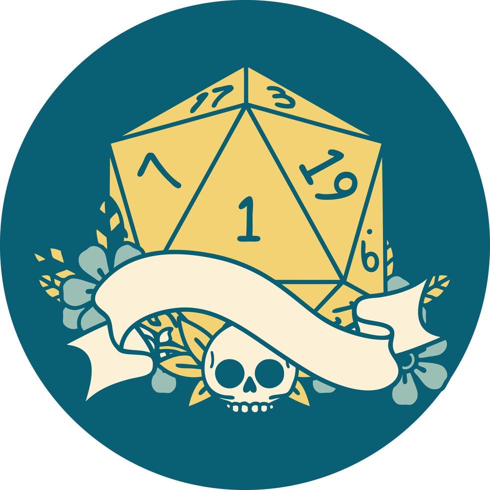 Retro Tattoo Style natural one d20 dice roll vector