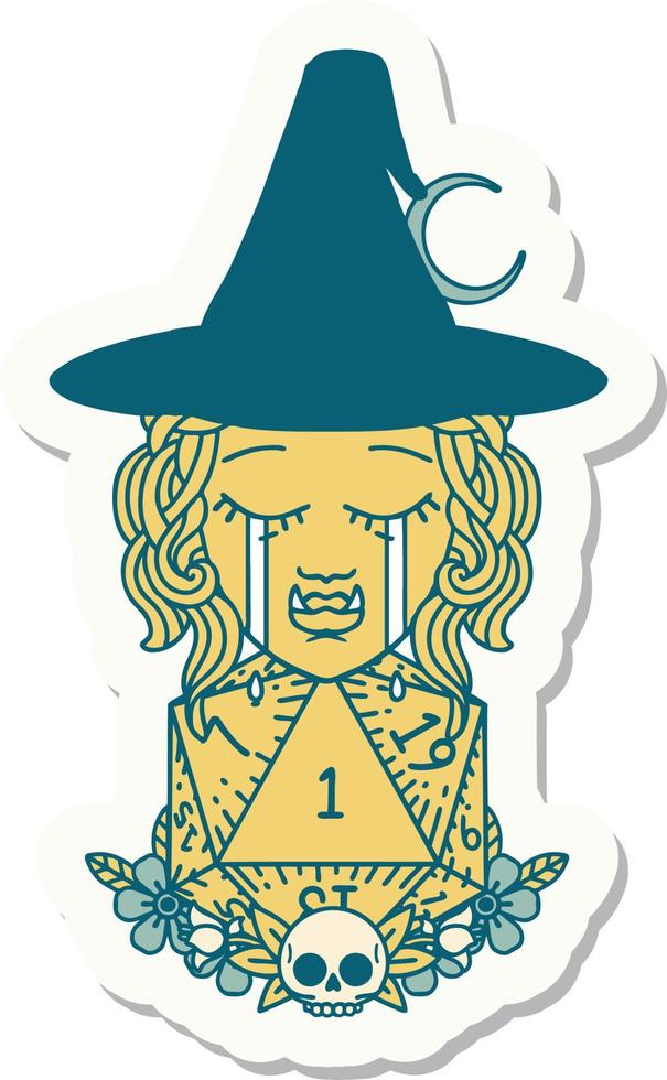 sticker of a sad half orc witch character with natural one D20 roll vector