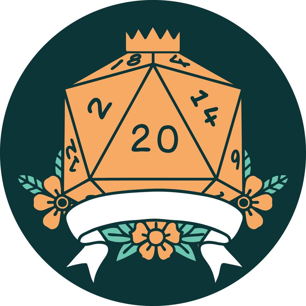icon of natural 20 critical hit D20 dice roll vector