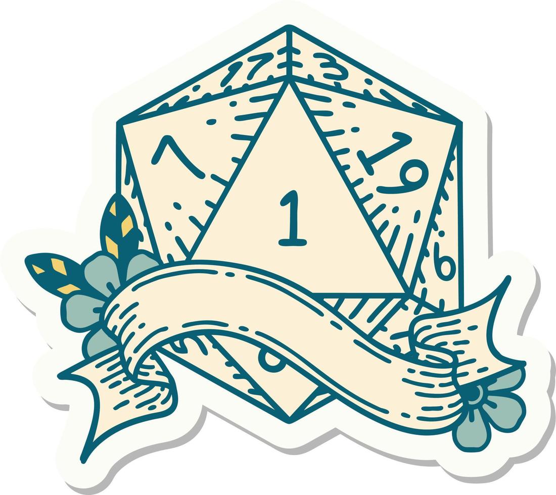 sticker of a natural one d20 dice roll vector