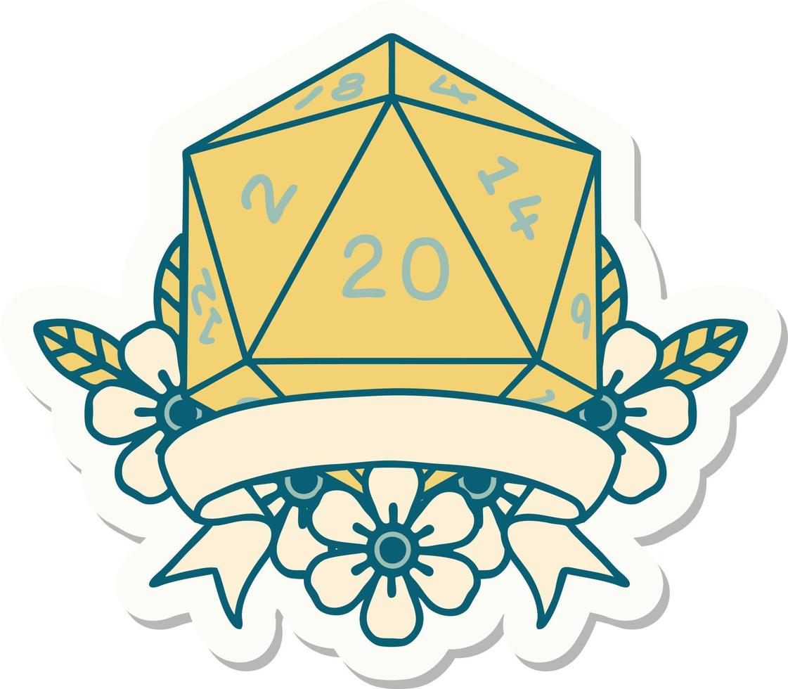 sticker of a natural 20 critical hit D20 dice roll vector