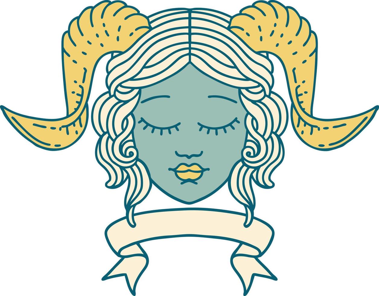 Retro Tattoo Style tiefling character face with scroll banner vector