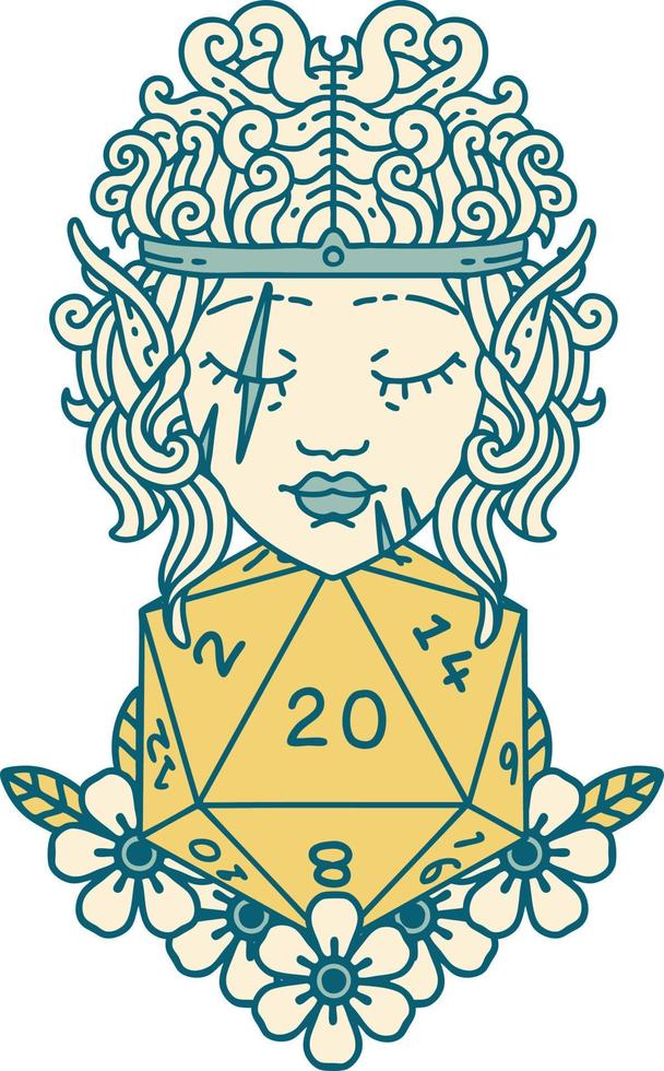 Retro Tattoo Style elf barbarian character with natural twenty dice roll vector