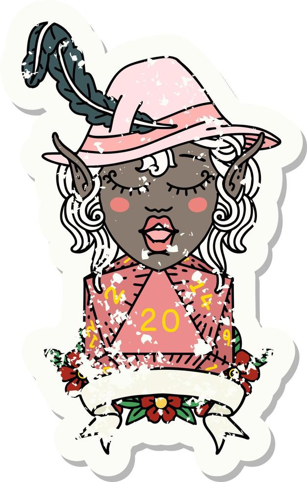 Retro Tattoo Style elf bard with natural twenty dice roll vector