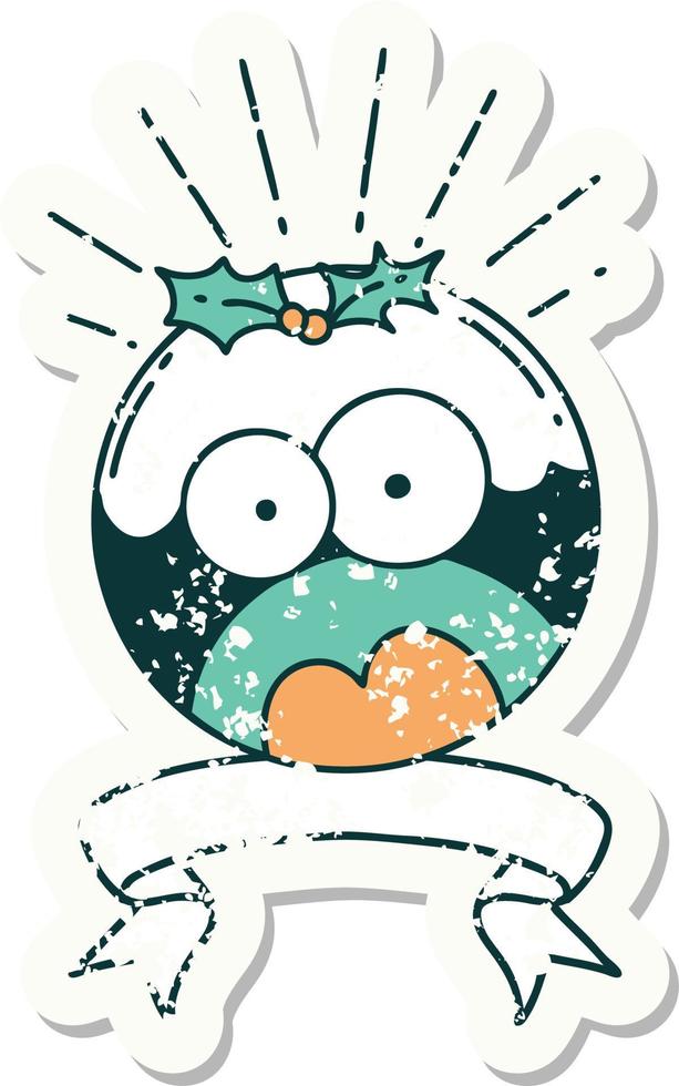 worn old sticker of a tattoo style shocked christmas pudding vector