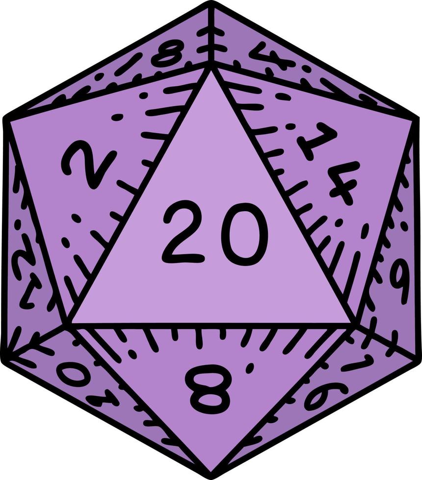 Retro Tattoo Style natural 20 D20 dice roll vector
