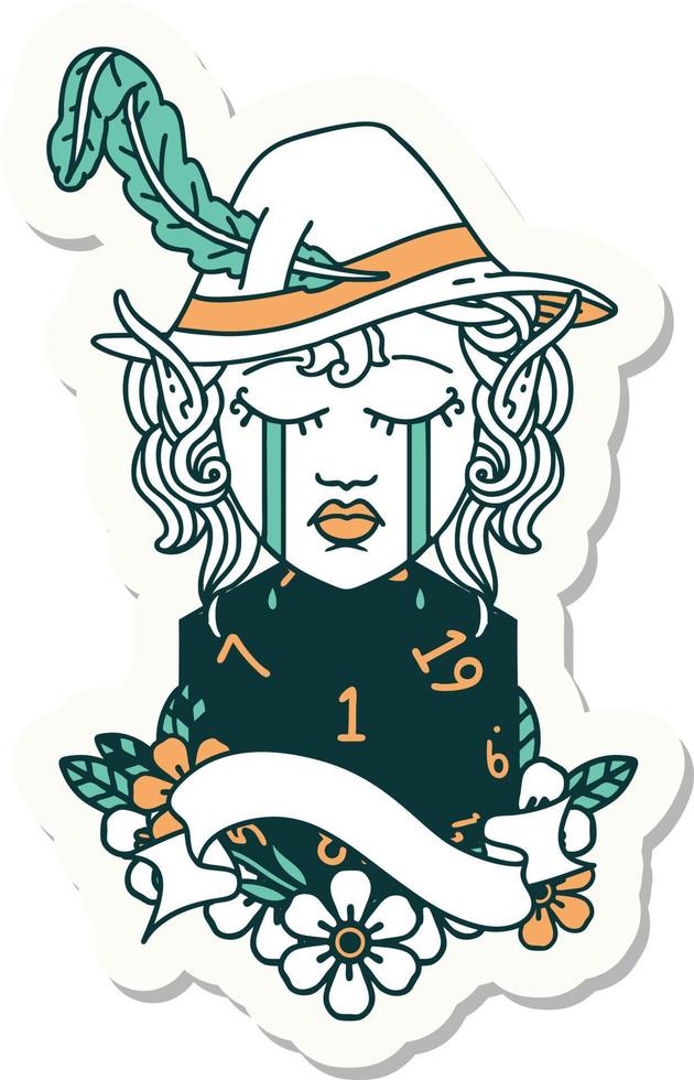 sticker of a crying elf bard character face with natural one vector