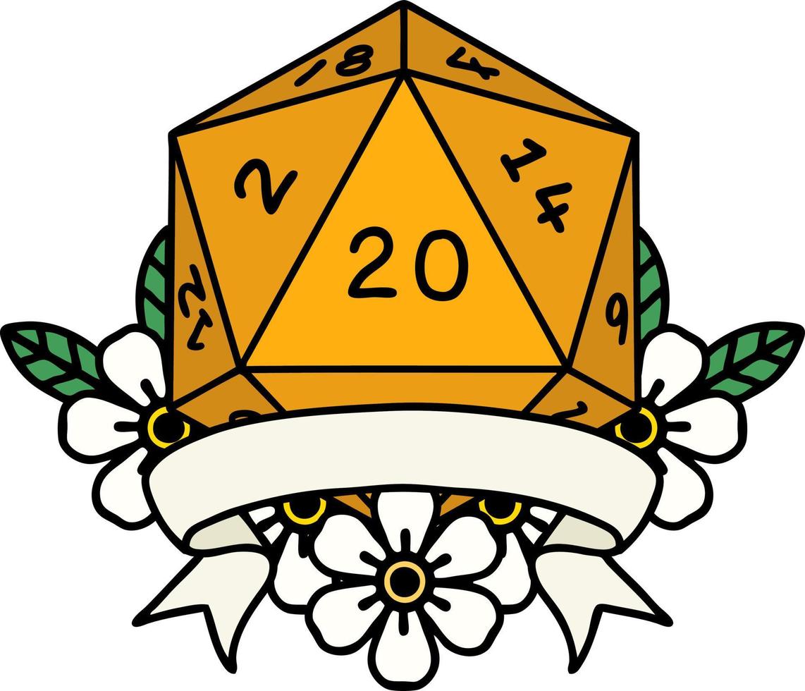 Retro Tattoo Style natural 20 critical hit D20 dice roll vector