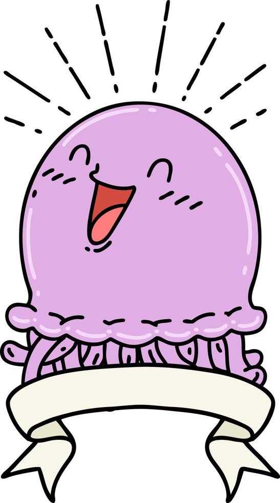 scroll banner with tattoo style happy jellyfish vector
