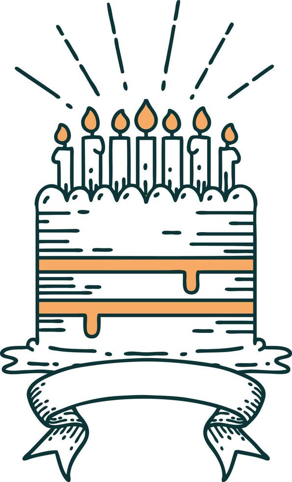 banner de desplazamiento con pastel de cumpleaños estilo tatuaje vector