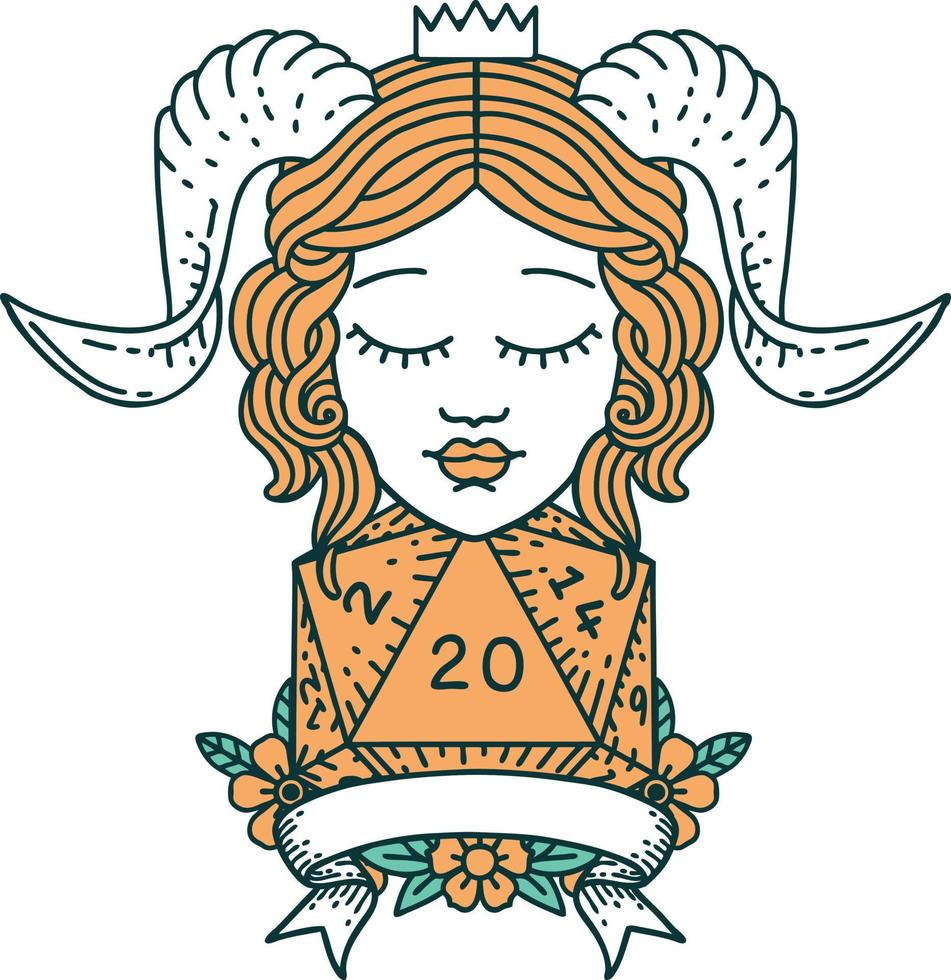 Retro Tattoo Style tiefling with natural twenty dice roll vector