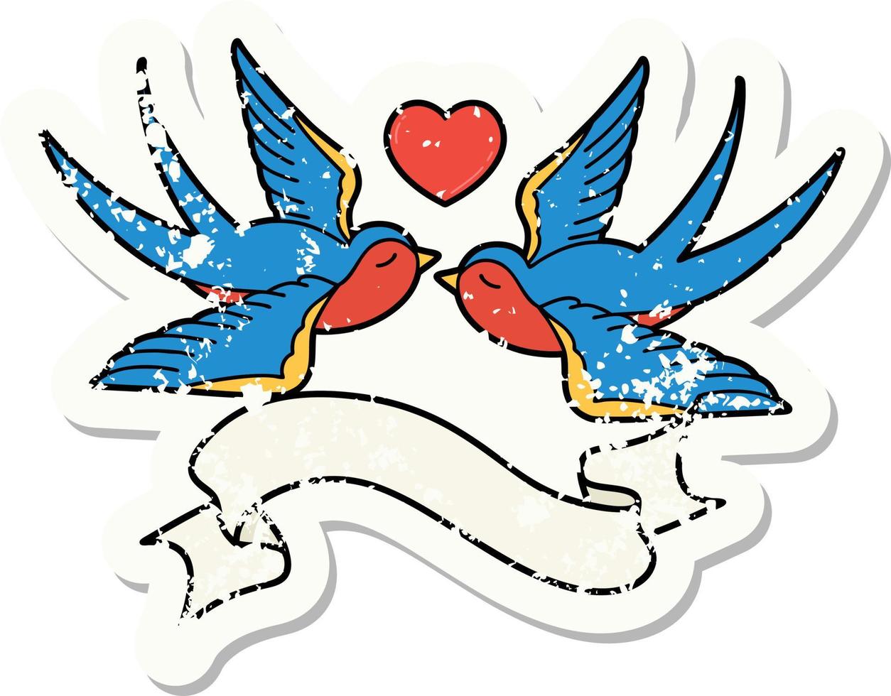 worn old sticker with banner of swallows and a heart vector