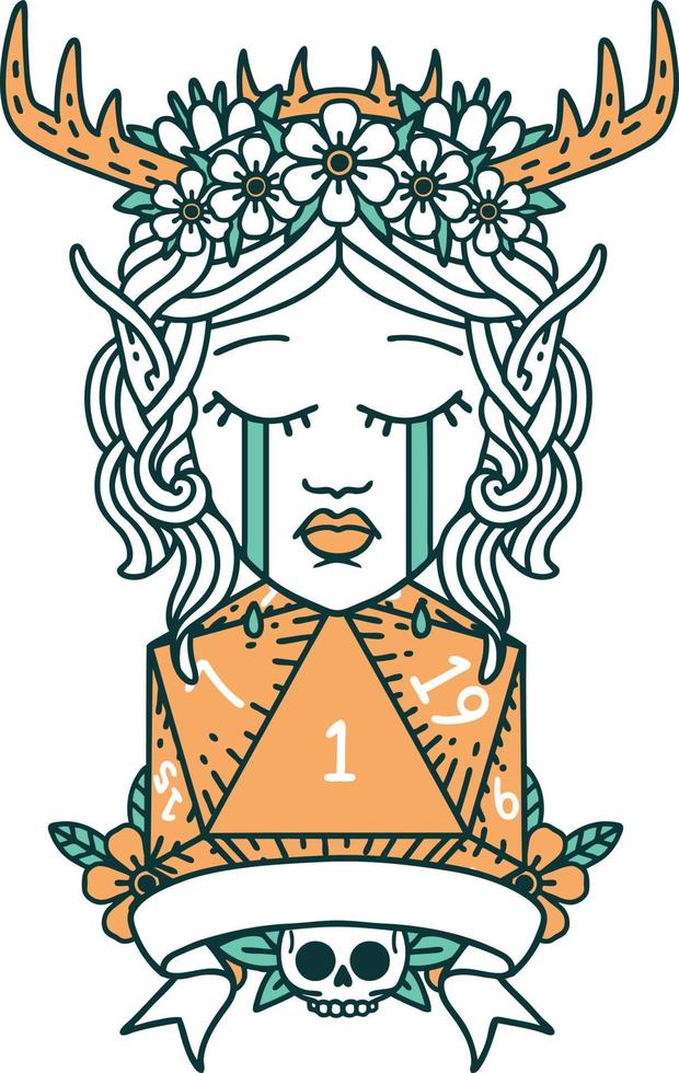 Retro Tattoo Style sad elf druid character face with natural one D20 roll vector