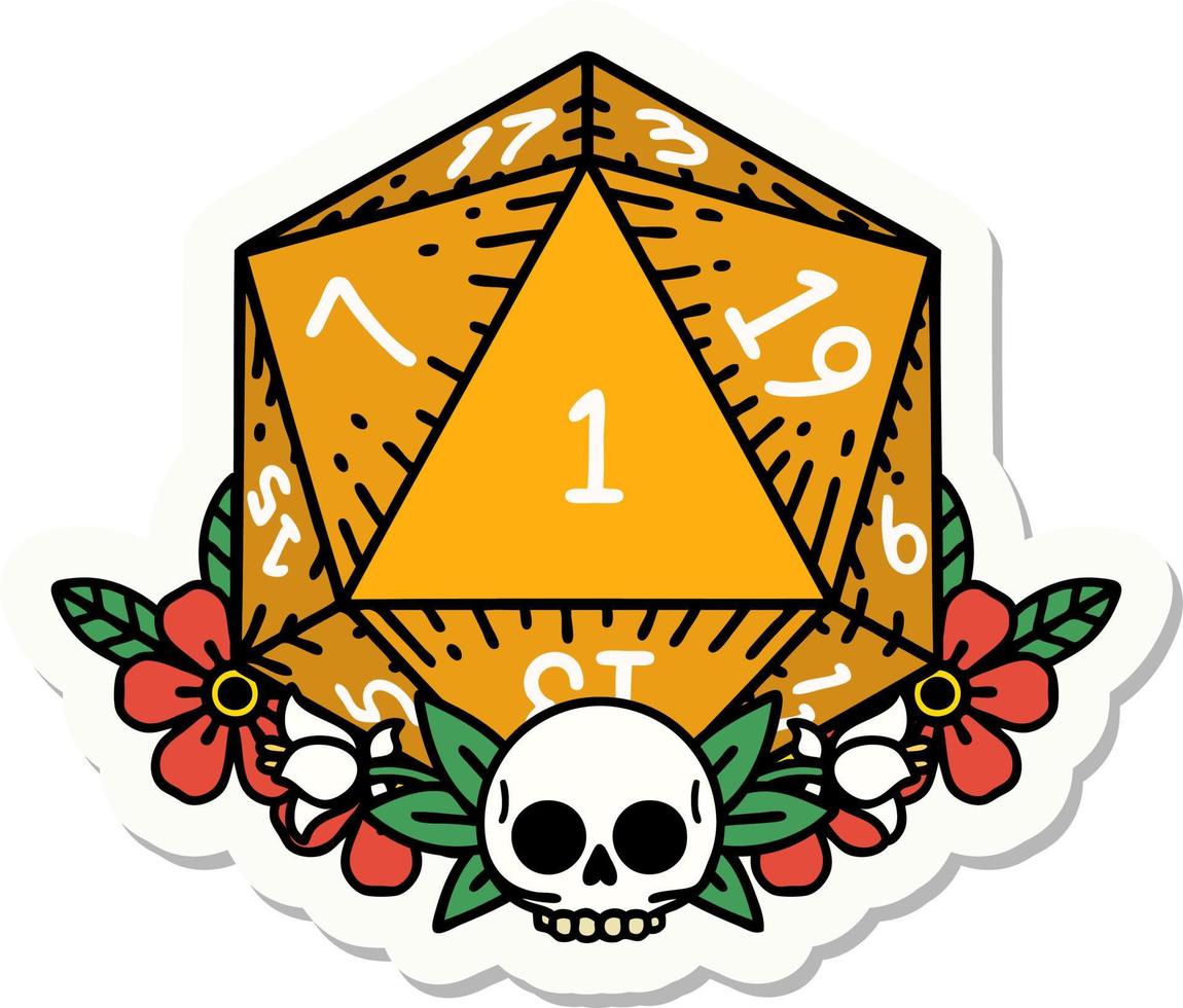 sticker of a natural one dice roll with floral elements vector