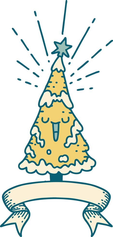 scroll banner with tattoo style happy christmas tree vector